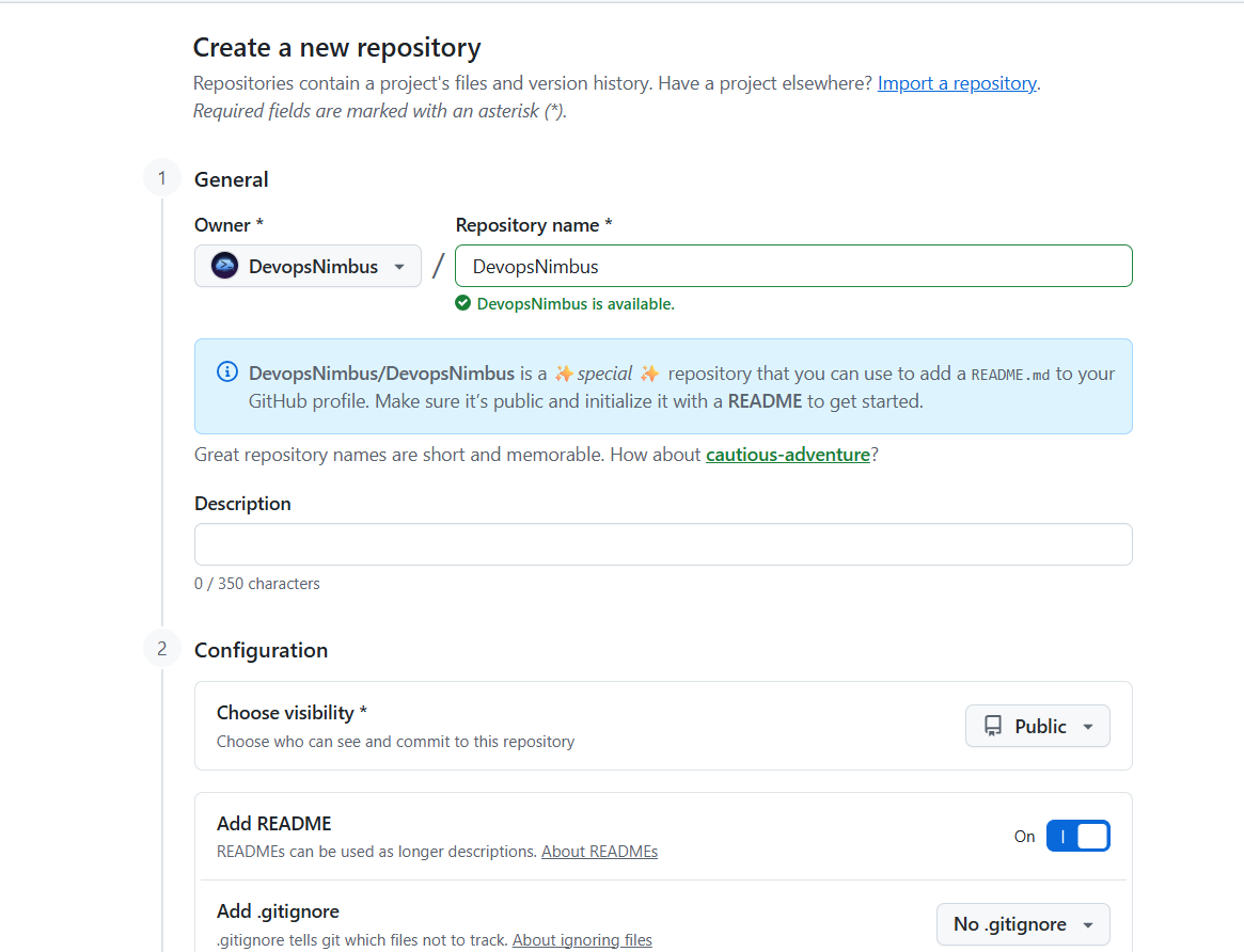 GitHub's new repository form: the name matches the username, Public is selected and Add README is on.
