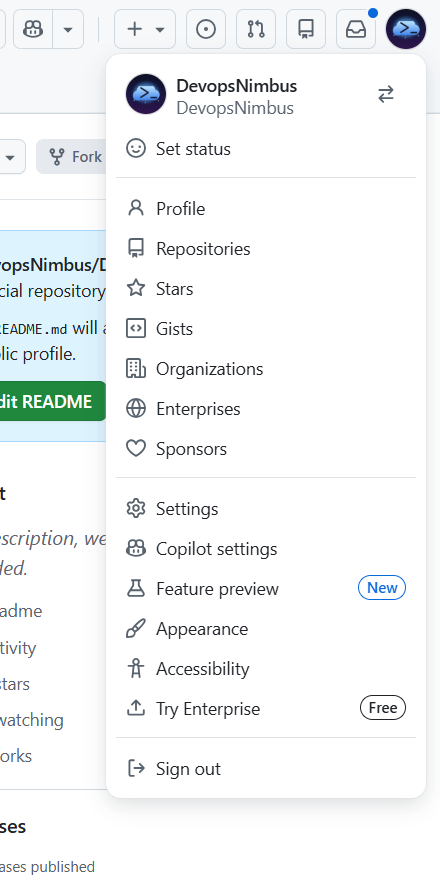GitHub's profile menu with Settings near the bottom.