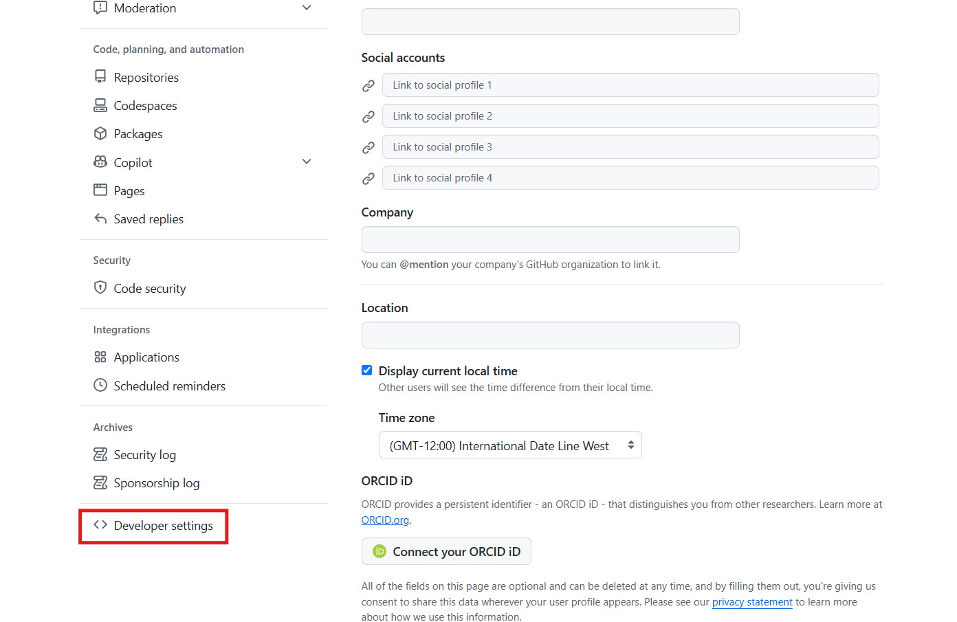 GitHub Settings with Developer settings at the bottom of the left menu.