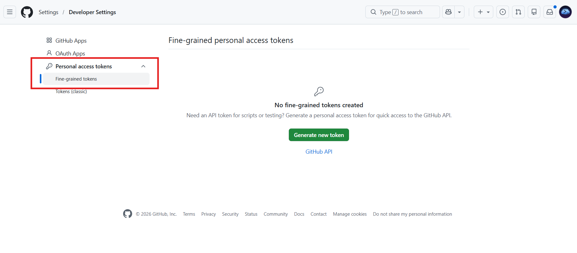 The fine-grained tokens page with the Generate new token button.