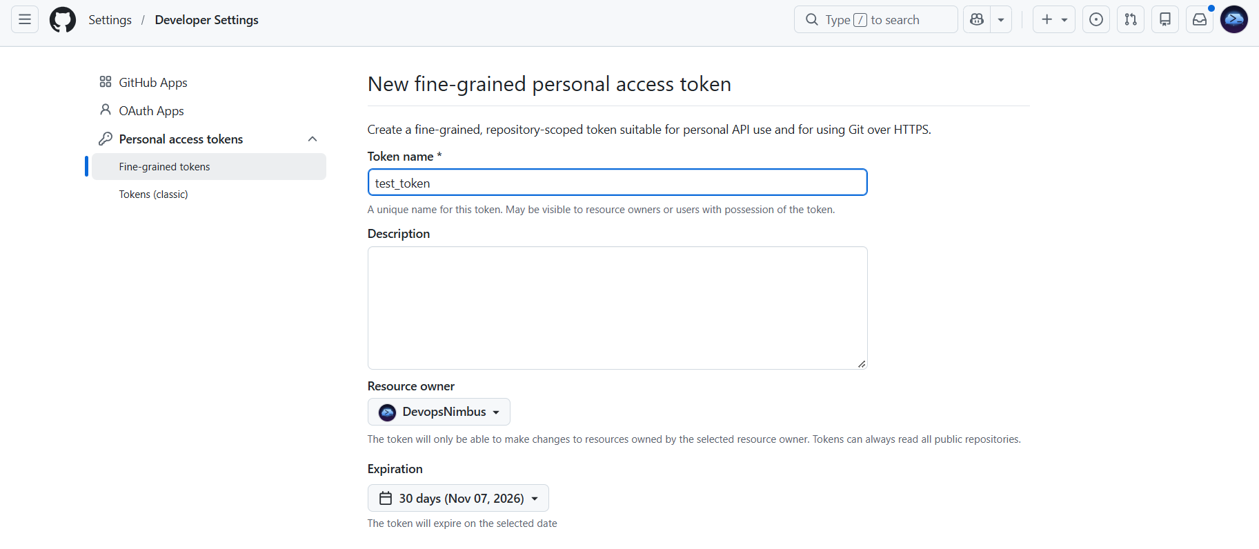 The new token form with a name, the resource owner and an expiry date.