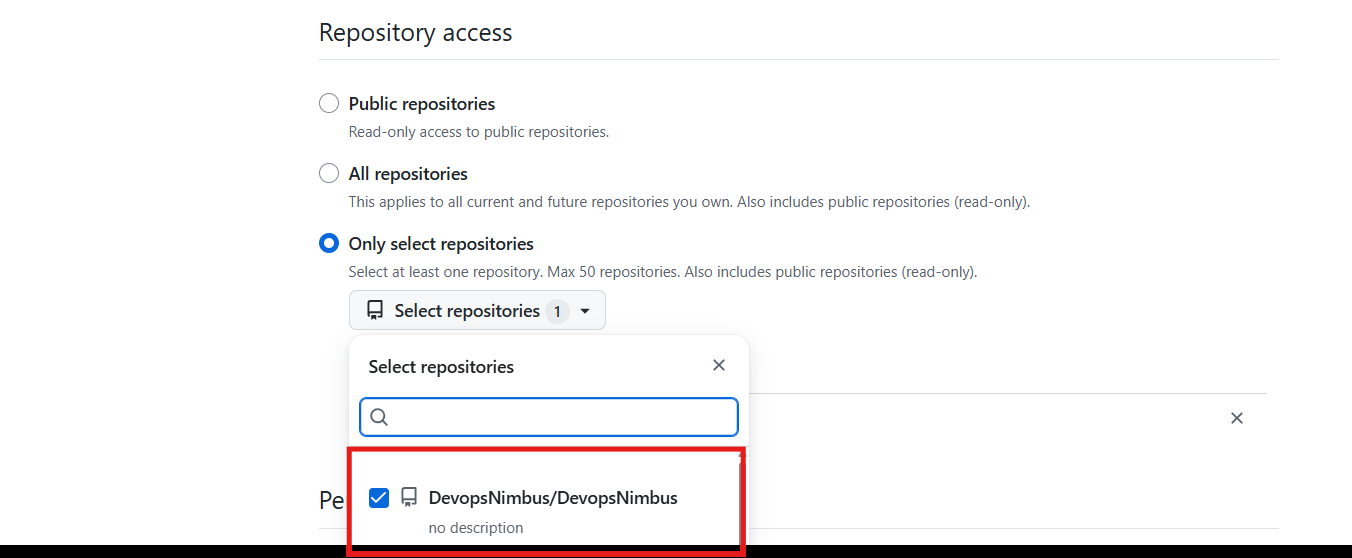 Repository access set to only select repositories, with the profile repository chosen.