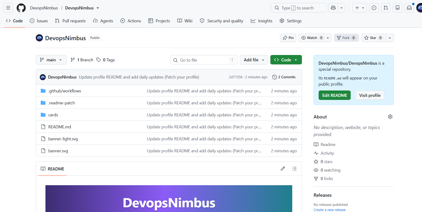 The profile repository after publishing, listing .github/workflows, .readme-patch, cards, README.md and the banner files.