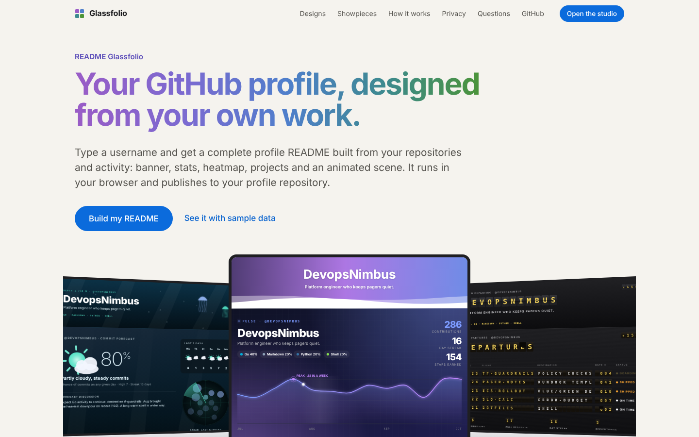The Glassfolio home page: the headline, the Build my README button and the rotating design showcase.