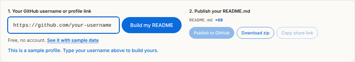 The top of the studio: the username box with Build my README on the left, and the publish buttons on the right.
