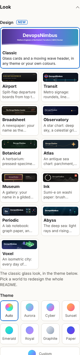 The Look options: the design picker with thumbnails, then the theme swatches.