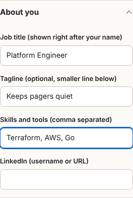 The About you options: job title, tagline, skills and LinkedIn.