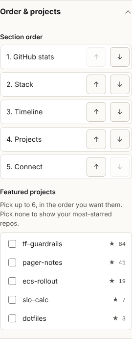 Order and projects: the section order with up and down buttons, and the featured project checkboxes.