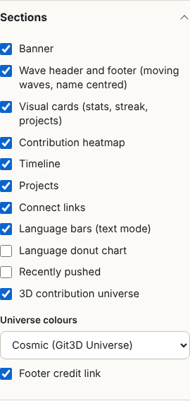 The Sections options: a list of checkboxes for each part of the README.
