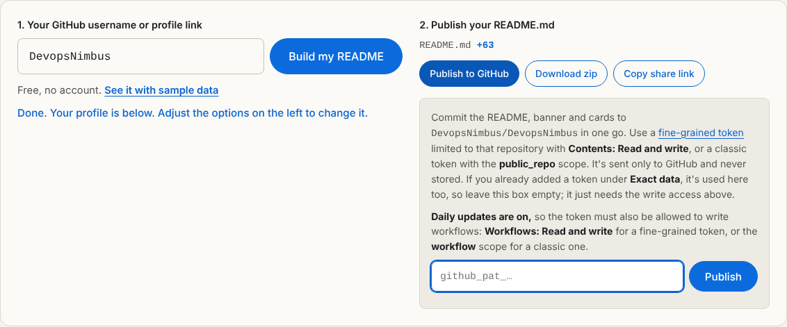 The studio's publish panel: the repository it will commit to, the permissions needed, a token field and the Publish button.
